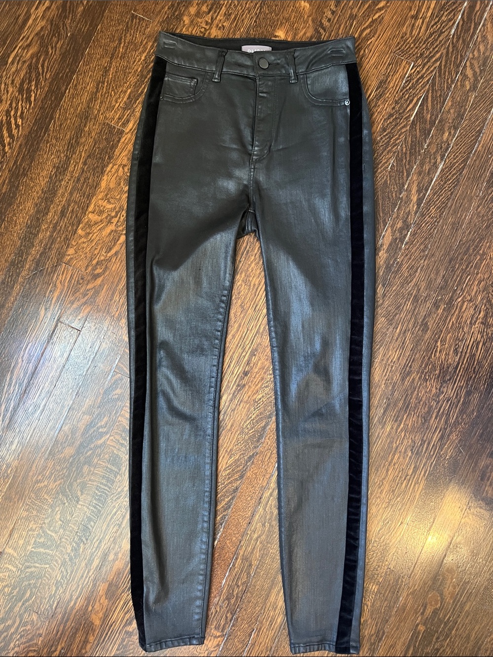 DL1961 Black Coated Skinny Jeans with Velvet Side Stripe